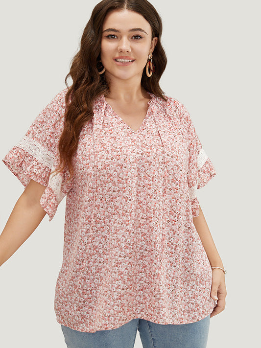 Ditsy Floral Frill Trim Lace Ruffle Sleeve Tie Neck Blouse
