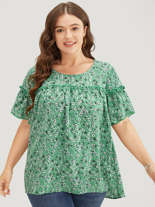 Ditsy Floral Frill Trim Gathered Ruffle Sleeve Blouse
